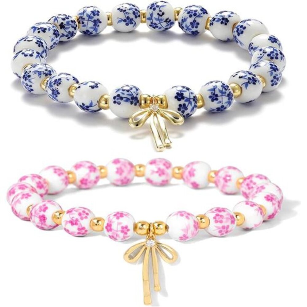🌸 Set of 2 Floral Ceramic Bead Bracelets | Pink & Blue | Gold Bow Charm Accents